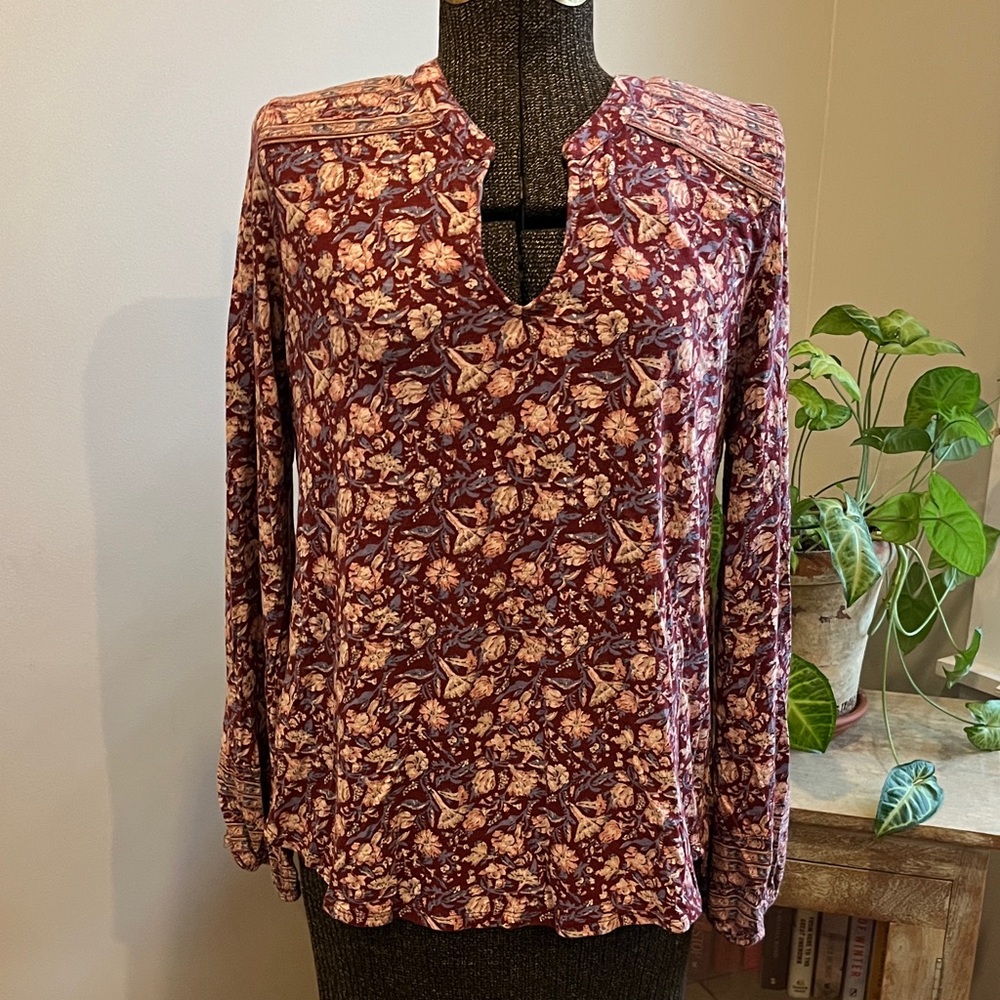 Lucky Brand Burgundy, Cream, Blue Floral Top Size M Boho Peasant